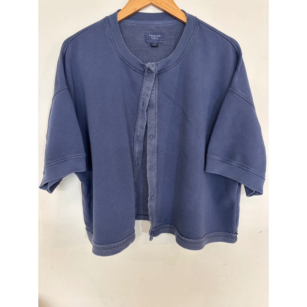 American Eagle Blue Short Sleeve Button Front Sweatshirt Cardigan XL